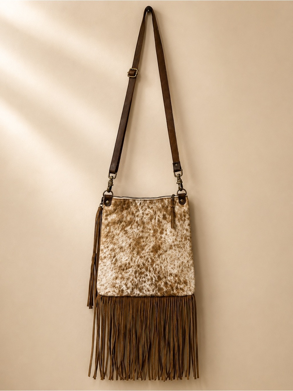 Jill’s Homestead Leather Cowhide Crossbody Shoulder Bag Fringe Boho Concert